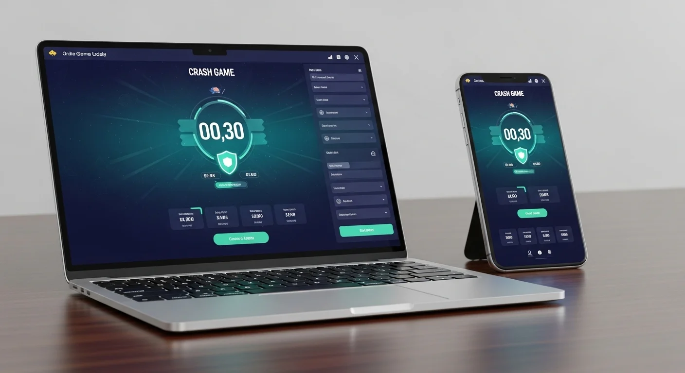 Online crash game platform displayed on laptop and smartphone with secure environment styling
